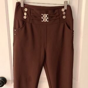 Brown High-Waisted Pants with Gold Button Accents